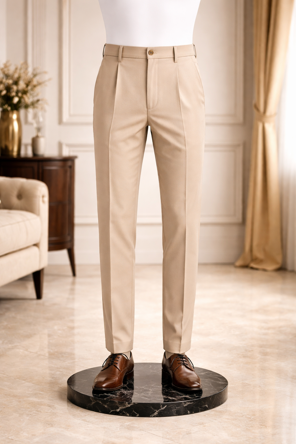 Beige Sovereign Premium Cotton Pleated Trouser