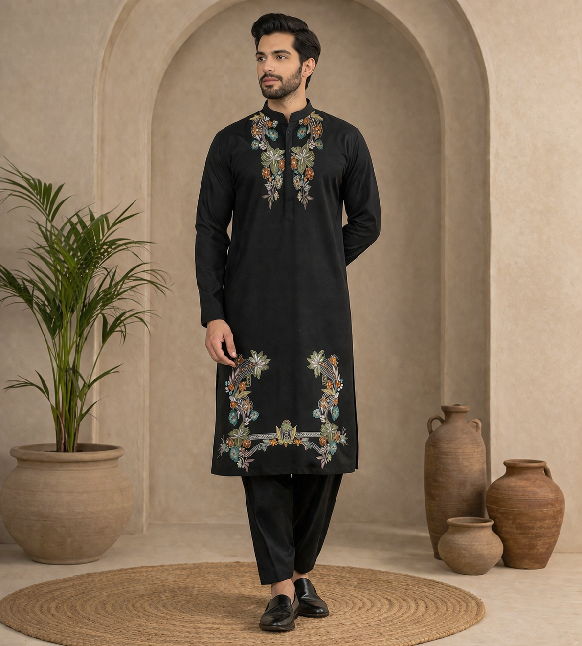 Traditional Embroidered Black Kurta Pajama