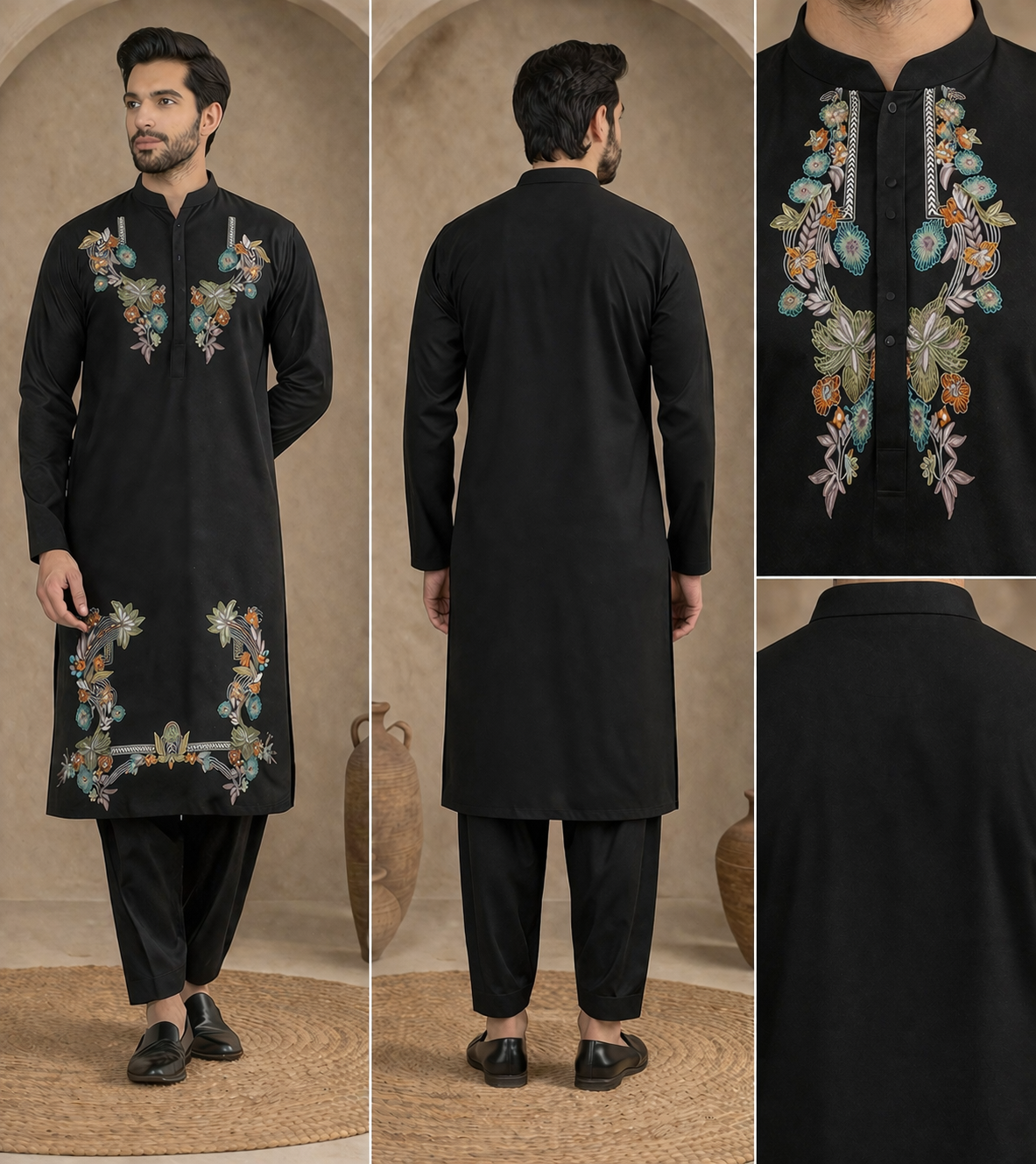 Traditional Embroidered Black Kurta Pajama view 3